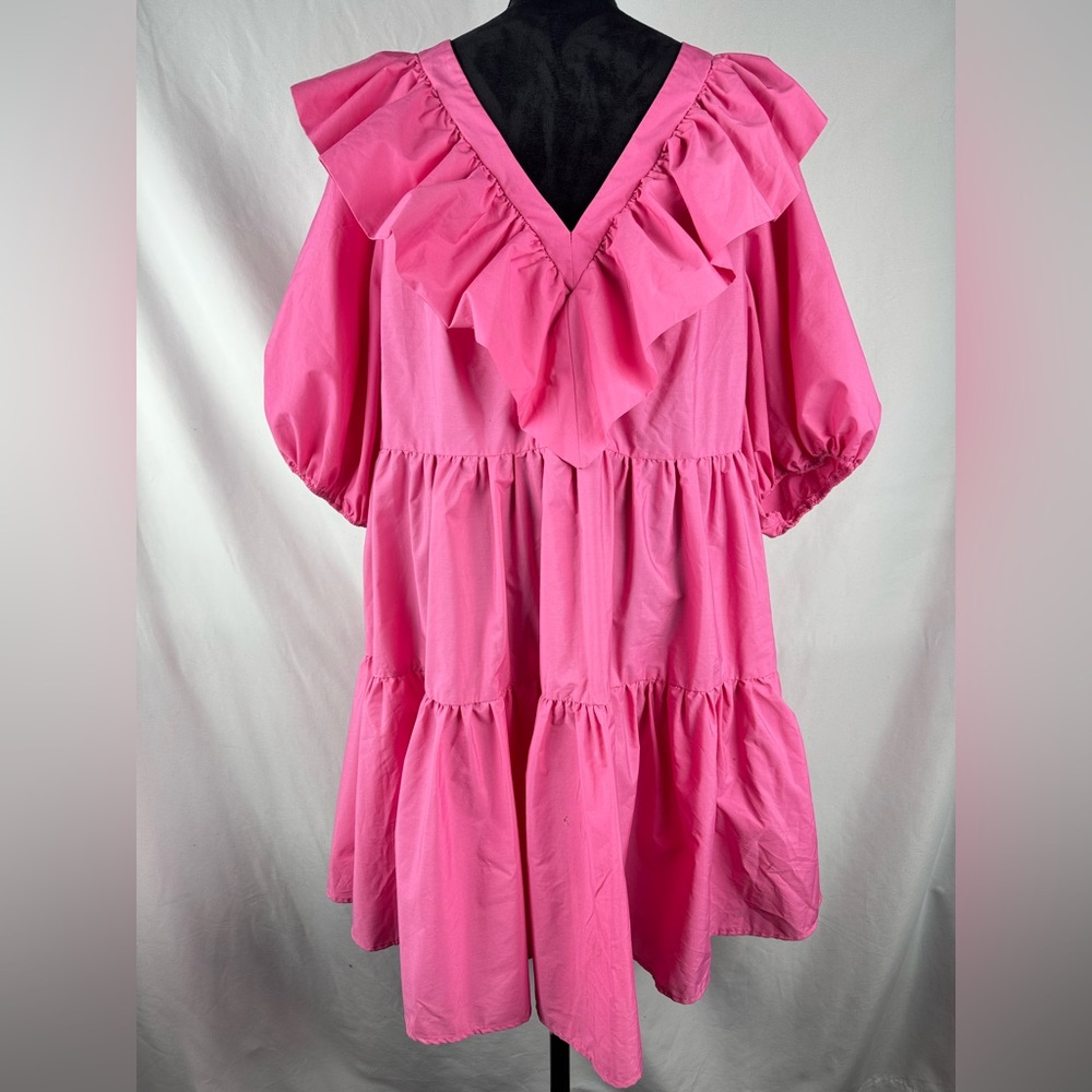 SHEIN Hot Pink Ruffled V-Neck Midi Dress with Puff Sleeves - Picture 3 of 6